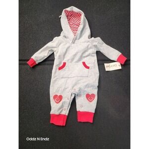 Baby‎ Cat & Jack Hooded Romper 0-3M Gray & Red With Smiley Hearts